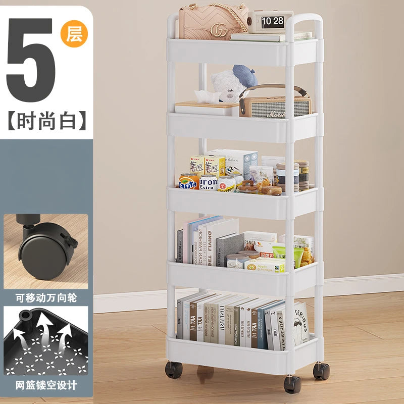 3-5 Tiers Plastic Kitchen Shelves Storage Caddies/4 Wheels/Colors-White/Black