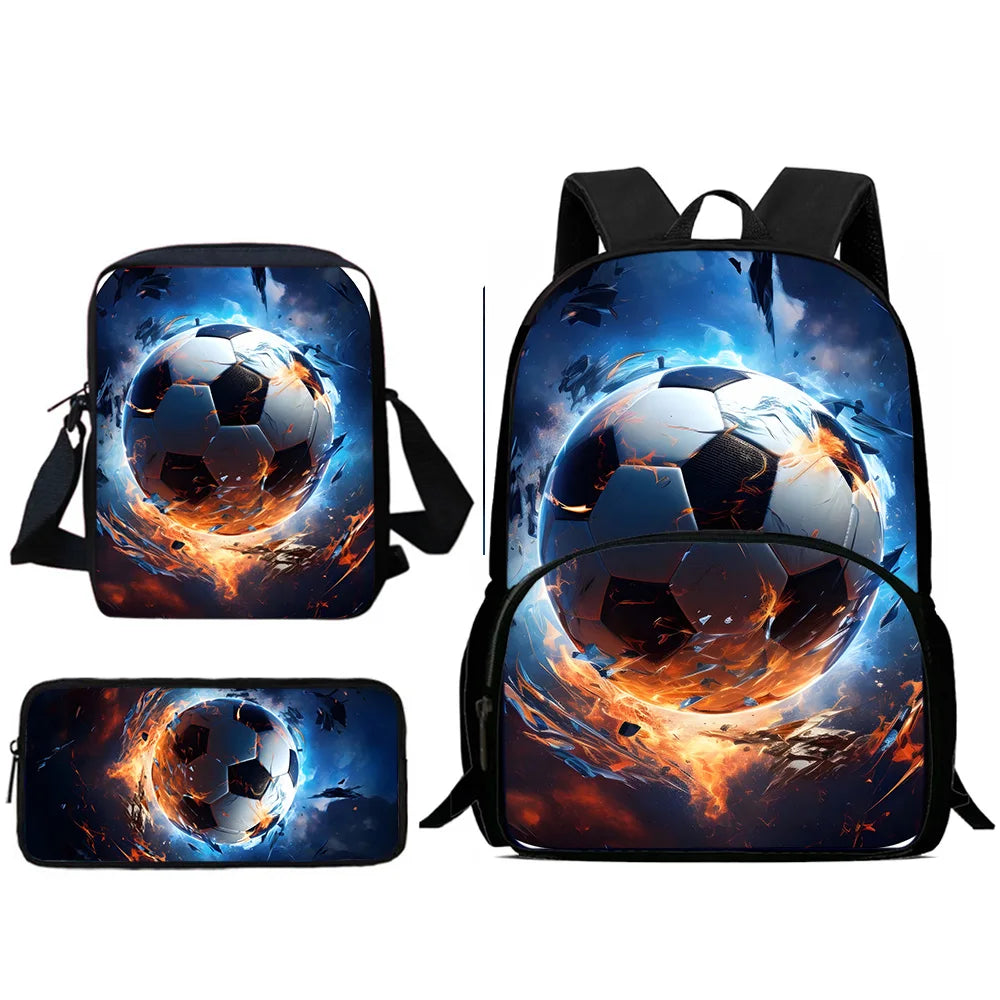MINISO Kids 3 PCS Large Waterproof Nylon Fabric Zippers Exterior Pockets Printed-Burning Flames Soccer Ball Design Curved Back Shoulder Straps-Handle Sports IPAD Compartment School Backpacks/Color-Black/White/Blue/Multicolor