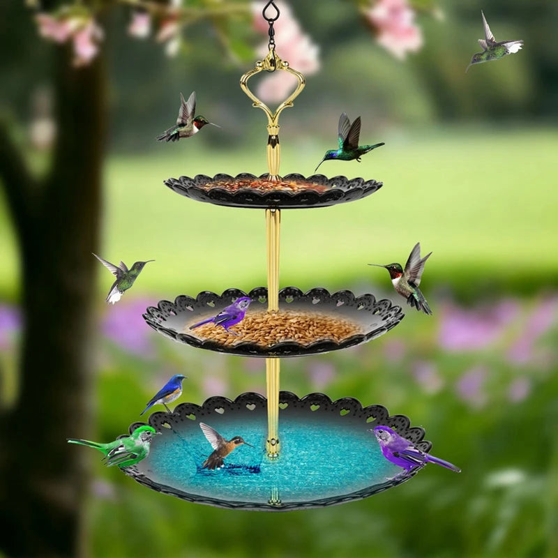 No-EN-Name-Null Outdoor Garden Hanging Metal Chain 3-Tier Plastic Round Shaped Multicolor Trays Bird Bath On Bottom Bird Feeders/Colors-Blue/Black/White/Gold/Yellow/Multicolor