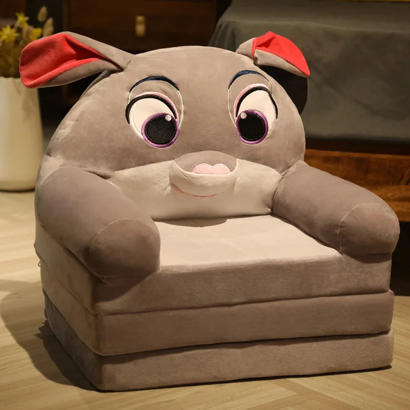 MDNG Modern Kids Customized Upholstered Padding Cute Soft Gray Velvet Fabric Cartoon Animal Faces Folding-Out Play Arm Chairs/Sponge Filling/Colors-Green/Pink/Yellow/Gray/Animals