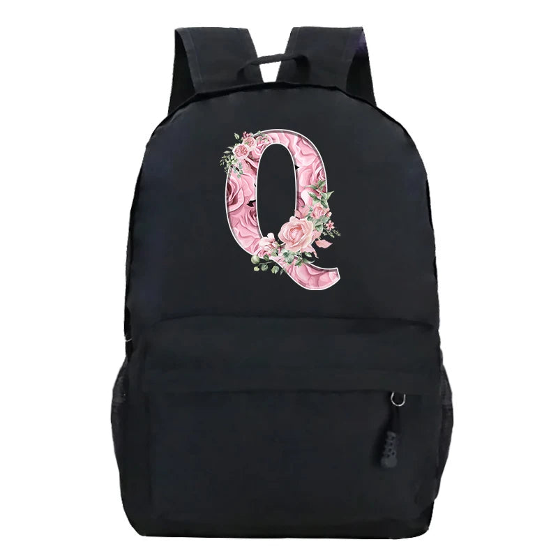 No-EN-Name-Null Waterproof Large Black Softback Nylon Fabric Printed Floral Pink Rose First Name Initial Letter Curved Back Zipper Canvas Lining Built-In Laptop Compartment Shoulder Straps-Handle Zippered External Pockets School Backpacks