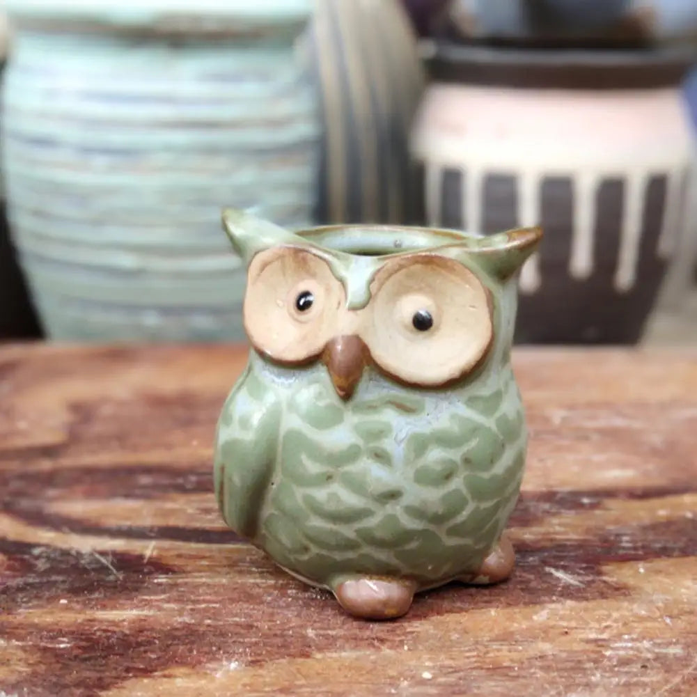 No-EN-Name-Null Modern Mini Green Ceramic Cute Owl Shaped Animal Desktop Flower Pots