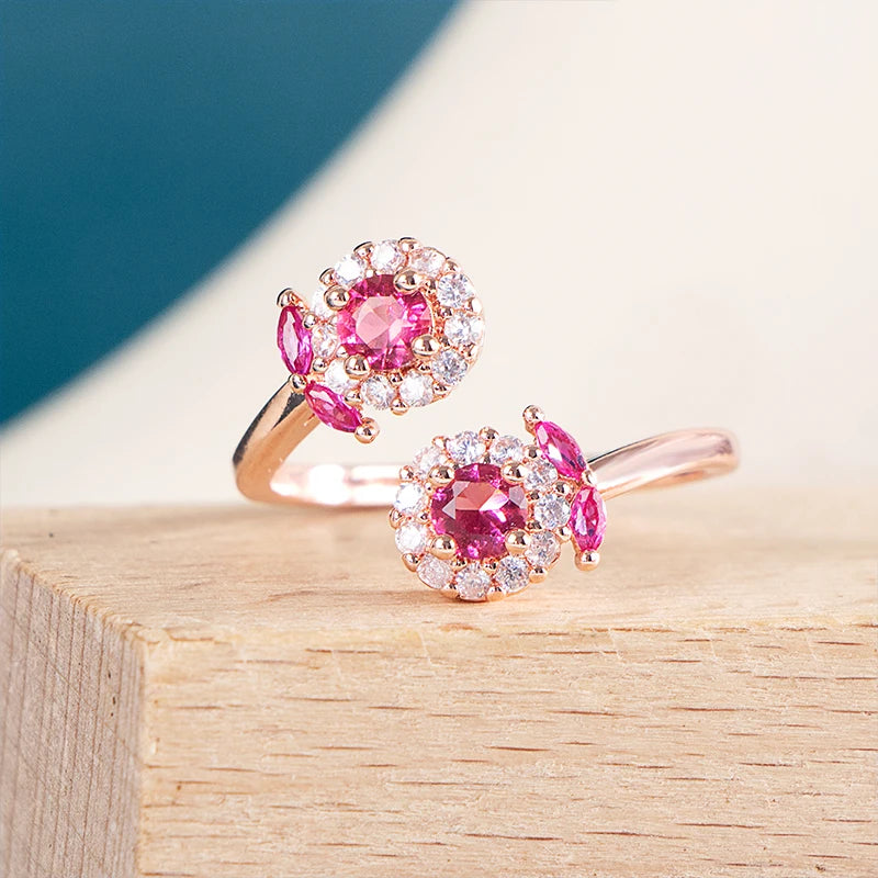 CELLA CITY Women Sterling Silver Rose Gold Plated Metal Shiny Floral Flower Shapes Zircon Clear White-Garnet Ruby Red Gemstones Adjustable Size Fine Cocktail Band Rings/Colors-Red/Floral/Geometric