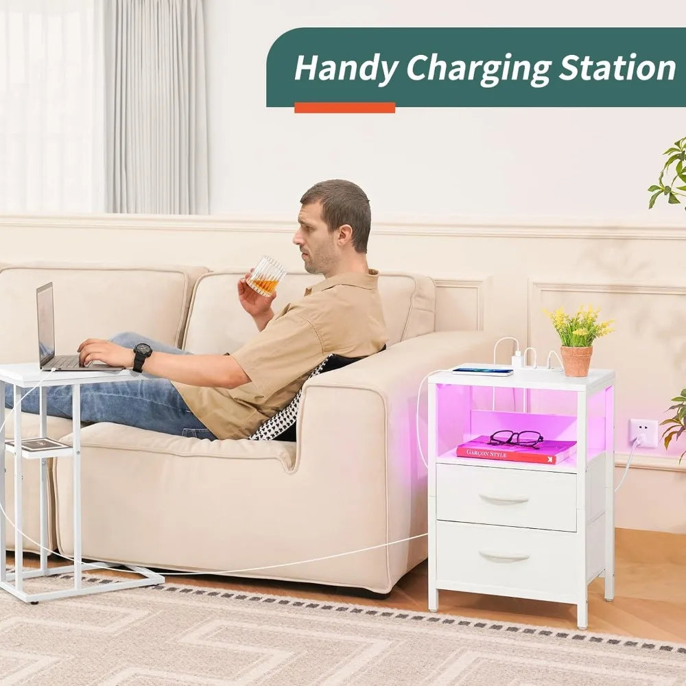MATE BIRDS White Small Open Shelf LED Lighted Charging Station Two Fabric Drawers Side Nightstands/ 2 USB Ports/2 AC Outlets/Dimension: 15.7"L × 11.8"W × 23.6"H/Holds Up To 100lbs