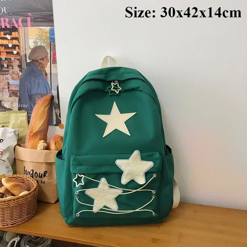 Women Waterproof Lightweight White Nylon Fabric Blue Star Korean Kawaii Design Metal Zipper Multi-Pockets Polyester Lining Two Shoulder Straps-Handles School Backpacks/14 Inch Built-In Laptop Pocket/Colors-Geometric/Beige/Pink/Green/White