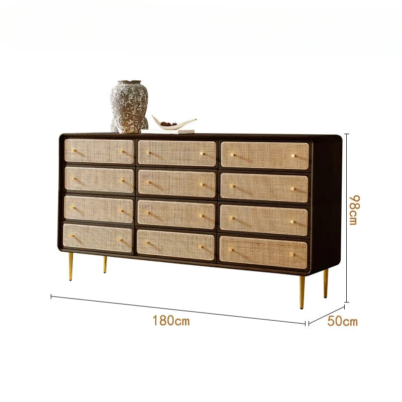 Brown Kitchen Storage Rattan Wood Sideboard w /Drawers/Doors