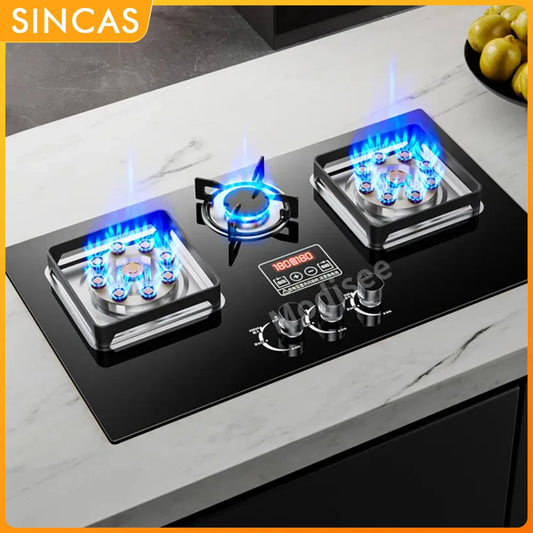 Outdoor Portable 3 Burners LPG  Built-In Natural Gas Tempered Glass Panel Platform Embedded Burner Stoves/Interchangeable Plates/Natural Gas-Butane/Colors-Black/Blue/Pulse Electron Ignition