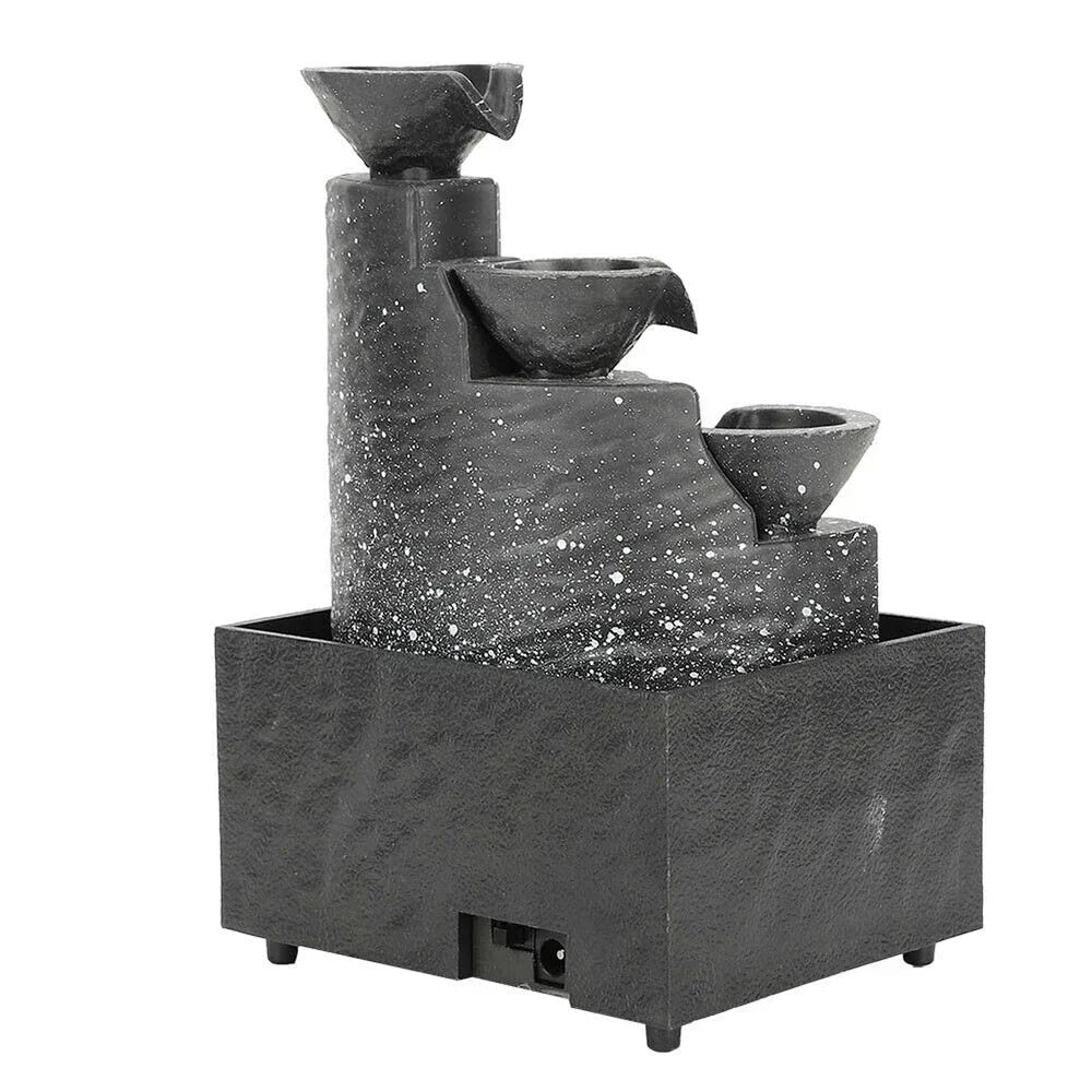 Black Indoor Plastic LED Lights 4-Tiers Stone Bowls Flowing Water Tabletop Fountain/USB Cable-2-AA Batteries Option