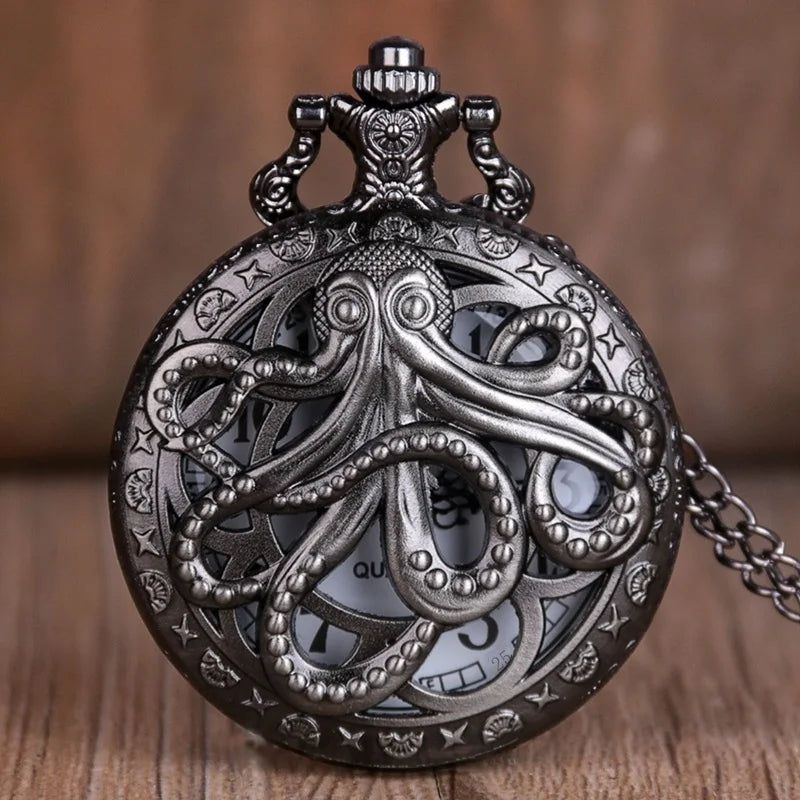 SOXY Adults Men Retro Round Shaped Glass Window Face Analog Display Stainless Steel Metal Black-Bronze Octopus Sea Creature Quartz Movement Chain-Pocket Watches