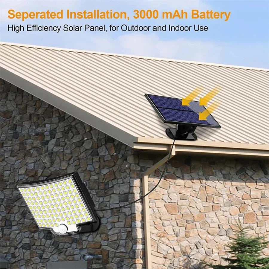Outdoor Modern Remote Control Weatherproof Durable Plastic Rectangle Black-White Body Dimmable Super Bright 106 LED Adjustable Four-Modes Solar-Powered Split Waterproof Emergency Motion Sensor Wall-Mounted Security Lights