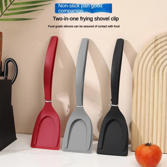 Kitchen Silicone Nylon Handle Non-Slip Two-In-One Frying Spatula Shovel-Clip Holder/Colors-Red/Gray/Black/Multicolor
