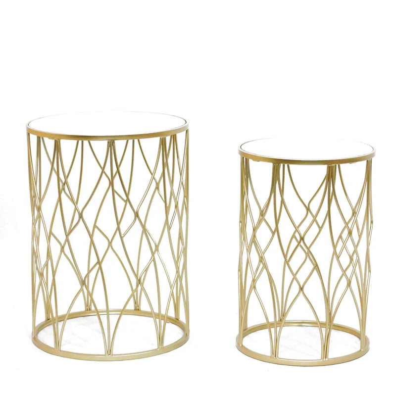 2 pcs Small Round Metal Gold Mirrored Top Surface End Tables/Sizes: 16.14 x 16.14 x 22inch/13.38 x 13.38 x 20inch
