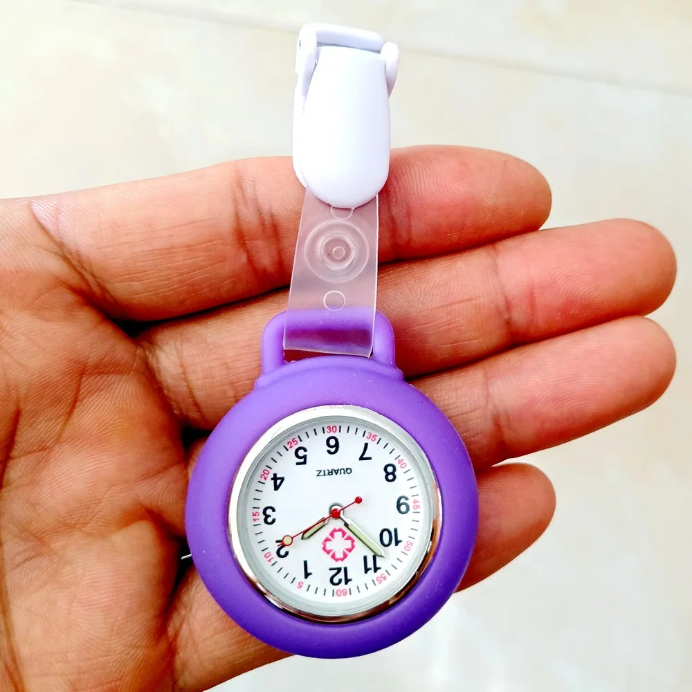 No-EN-Name-Null Adults Waterproof Quartz Analog Display Nurse-Doctors Glass Face Round Metal Alloy Case Red Silicone-Rubber Covered-Straps Arabic Numeral Clip-On Fob Pocket Watches /Colors-Pink/Red/White/Black/Purple/Light Blue/Blue