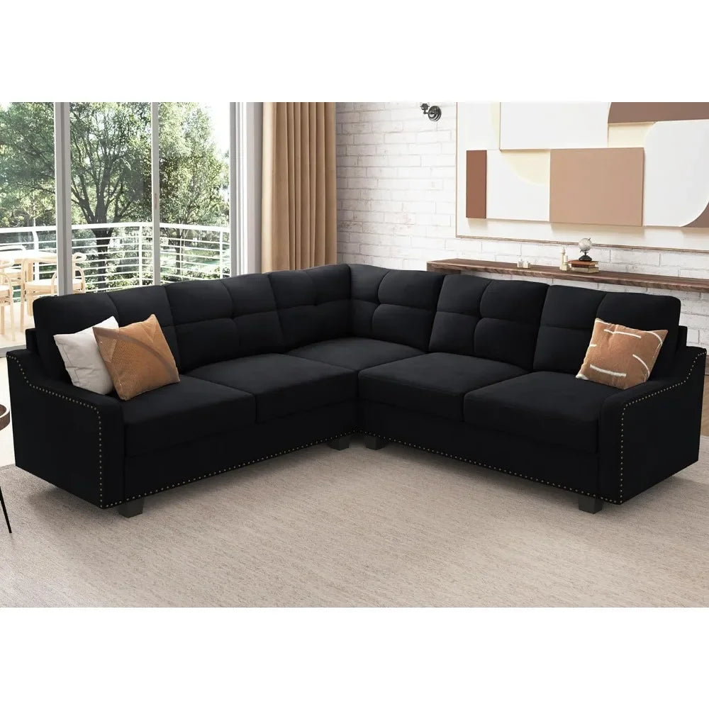 No-EN-Name-Null Modern Medium Firmness L-Shaped Wood Framed Sectional Soft Plush Velvet Fabric Cushions Sofas/Colors-Black/Dark Blue/Dark Gray/Size: (D x W x H): 82.7 x 82.7x 36.2 inches/Weight Capacity: 1,488 lbs