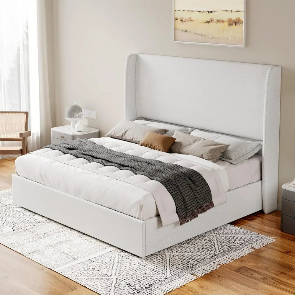 ANGDUO Modern Lift Up Upholstered High Wingback Linen Fabric Headboard Metal Frame King Size Platform Beds/Large Hydraulic Storage/No Box Spring Needed/ Dimensions: 84.25"L x 80.51"W x 51.18"H/Colors-White/Beige/Gray