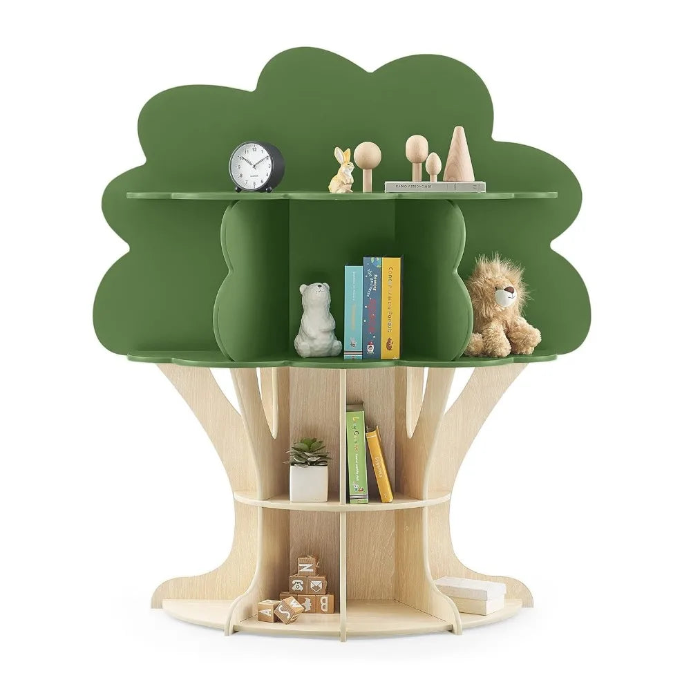 XMSJ Modern Toddlers Wall Mounted MDF Wood Delta Cartoon Cute Green Tree Top Natural Light Oak Trunk Shaped Round Bottom Rack Bookcases-Shelves/Colors-Green/Brown