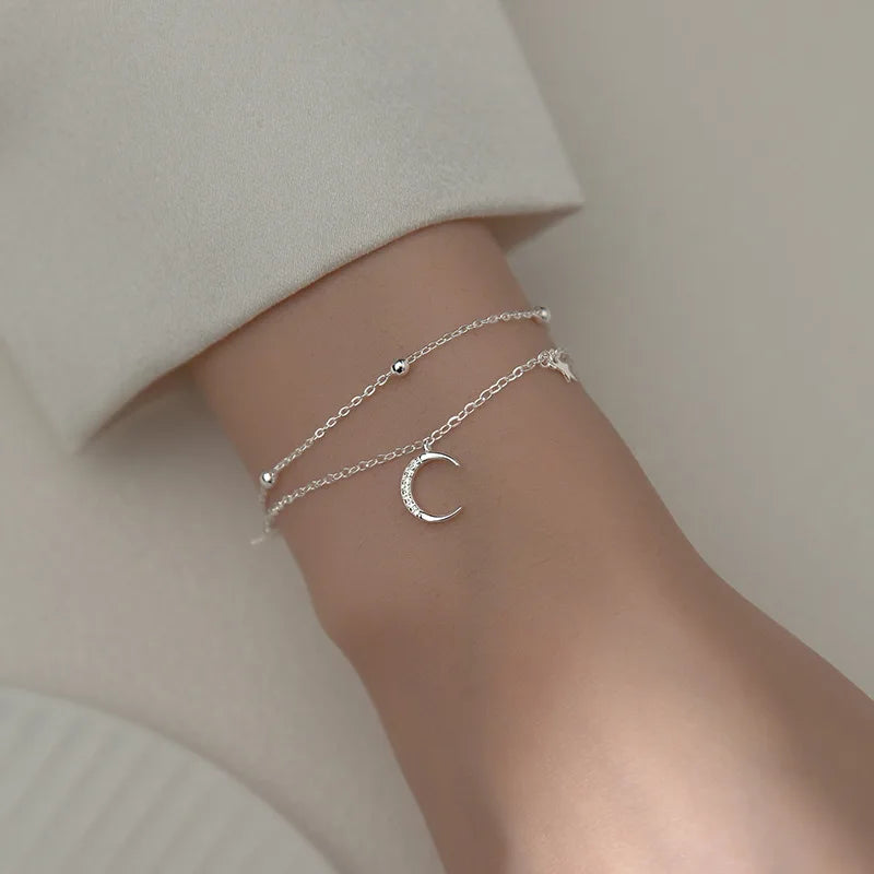 CHUHAN Women Sterling Silver-Plated Metal Geometric Double Layer Stars-Half Moon-Silver Tiny Bead Balls Charm Fine Imitation Chain Bracelets