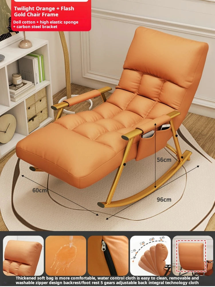 ANST Modern Adults Foldable-Adjustable Backrest-Five Gears Footrest-Armed Orange Faux Leather Polyester Fabric Triangle Stable Brackets Carbon Steel Base Nursery Rocking Chair/Colors-Orange/Blue/Pink/Gray