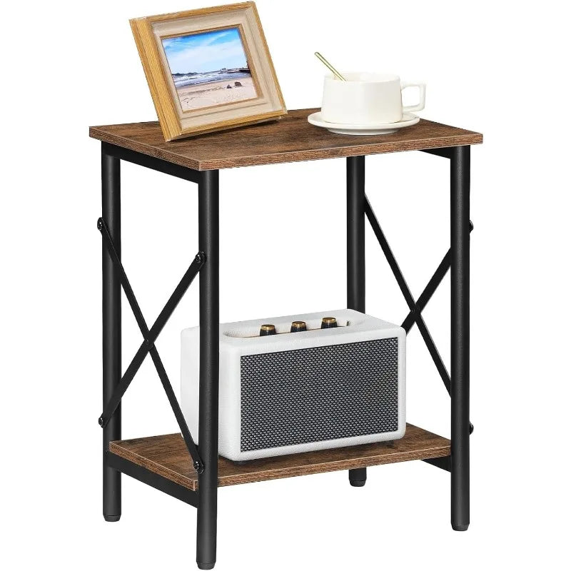 OEING 2 PCS Industrial Design Brown Wood Top Black Iron Metal Frame Adjustable Feet End Table Sets/ 1 Storage Shelf/Dimensions: 10.6"D x 14.6"W x 19.9"H/Colors-Rustic Brown Black-2/Greige-2