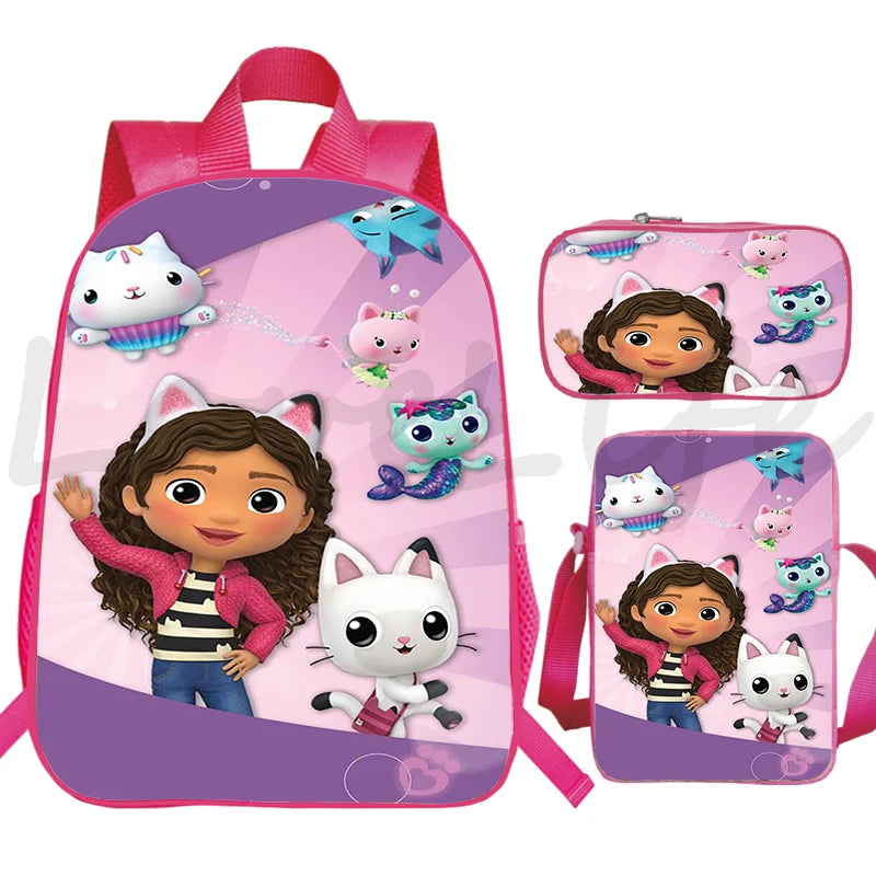 JUNBIE Kids Waterproof Pink Nylon Fabric Cute Cartoon Gabby's Dollhouse Design Zippers Curve Back Shoulder Straps-Handle Built-In Laptop Compartment External Pockets Backpacks/Colors-Pink/Multicolor