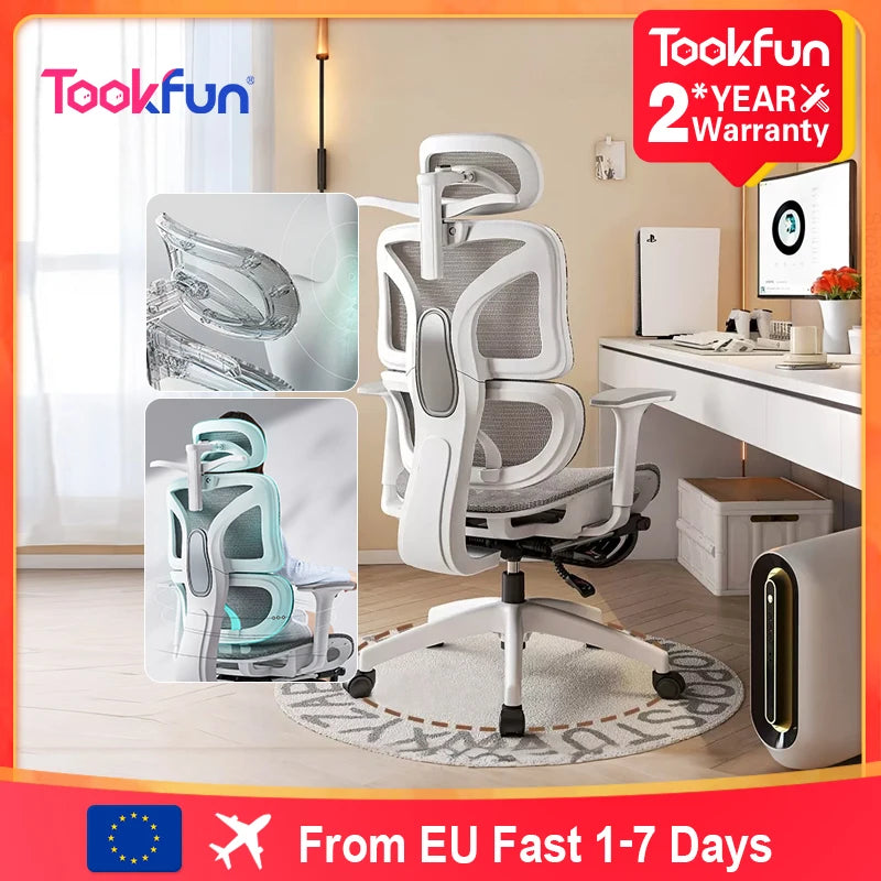 TOOKFUN Ergonomic Gray-White-Black Mesh Lacework Fabric Rotating Aluminum Metal Base  Four Plastic Wheels Computer Gaming Chairs/3D Headrest/2 Handrails/4 Wheels/Colors-Grey/Black/Height 155-190cm/Maximum Load 120kg