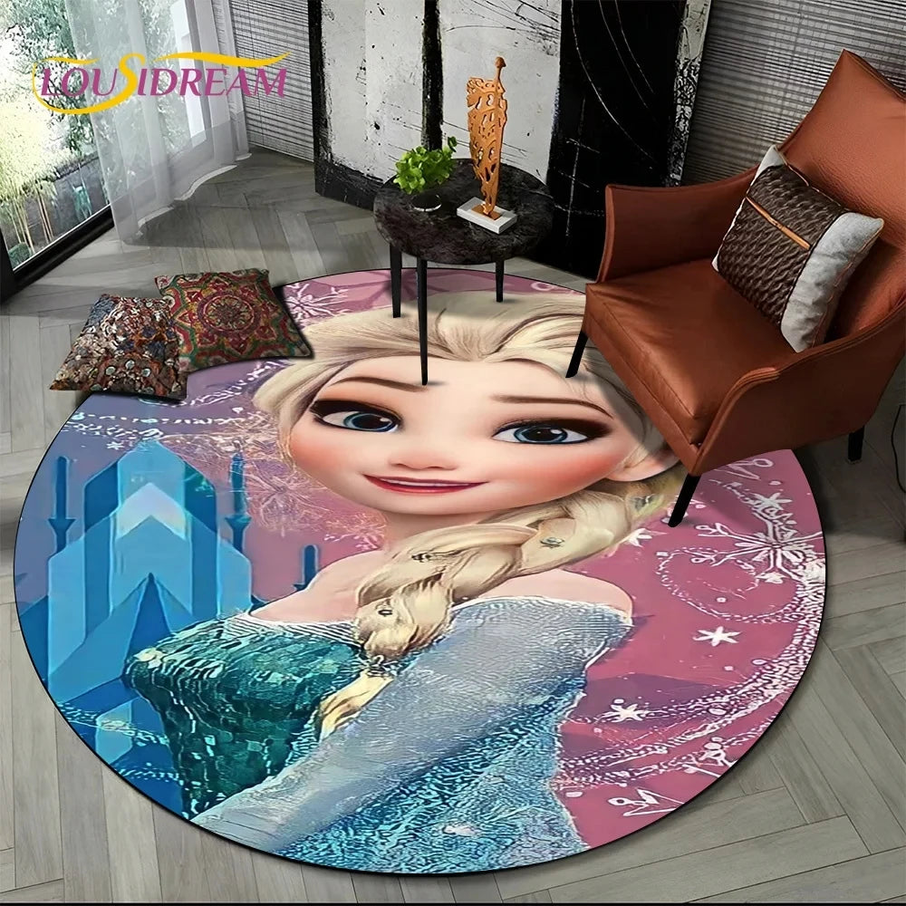 MINISO Indoor-Outdoor Kids Blue Background Round Shaped DISNEY'S Frozen II Movie Cartoon Anime Princess Elsa-Anna-Olaf Design Skid-Proof Bottom Polyester-Flannel Rugs/Colors-Blue/Red/Black/White