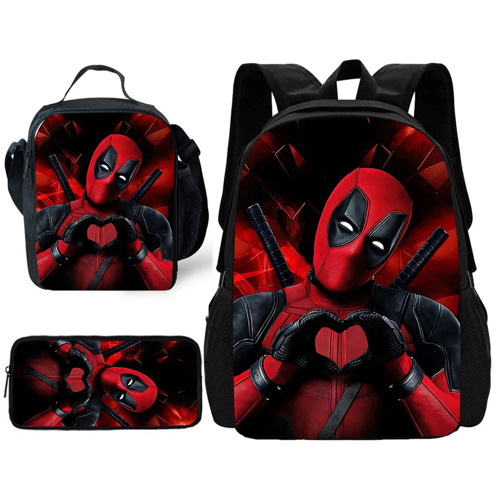 MINISO 3 PCS Waterproof Curved Back Nylon Fabric Cartoon Smiling Critters Super Hero Adjustable Straps-One Handle School Backpacks /Lunch Bags/Pencil Bag/Tablet Inserting Pocket/Water Bottle Pocket/Colors-Red/Black/Purple/Multicolor