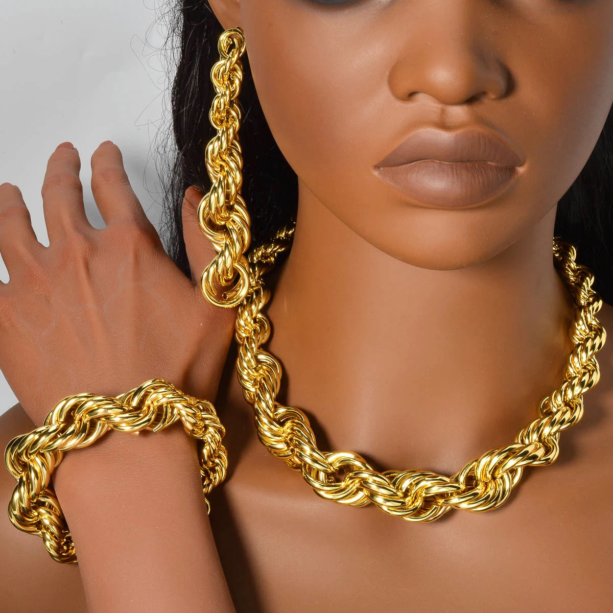 SNY Adults Unisex Fine Imitation Classic Geometric Gold Hip-Hop Punk Copper Metal Fried Dough Twist Interwoven Round Necklace-Bracelet-Big Long Twisted Interwoven Earrings  Jewelry Sets