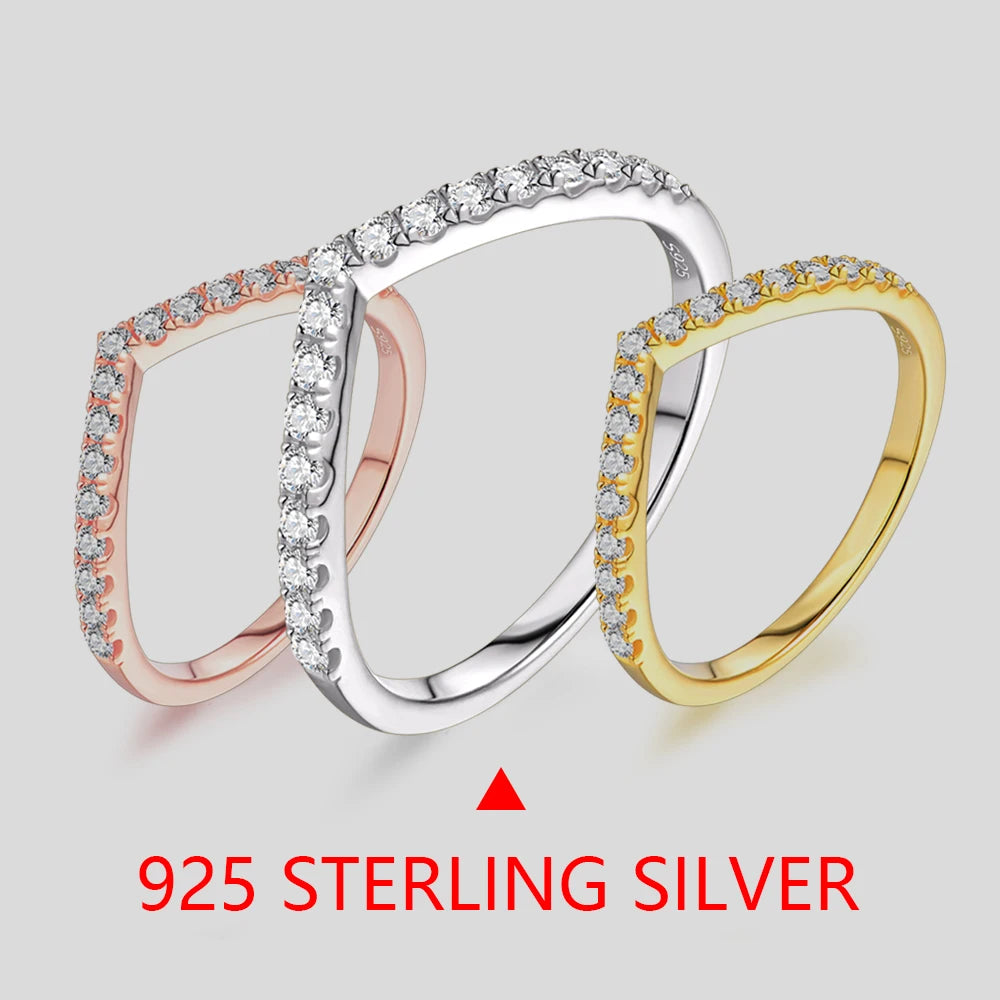 ATTAGEMS Fine Sterling Silver-18K Gold-Plated White Silver Rhodium Metal Shiny Clear White Imitation Diamond Earrings-Hand V Shaped Round Prong Wedding Band Rings/Colors-Silver/Gold/White/Clear/Multicolor
