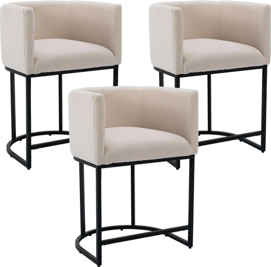 3 pcs Beige Modern Kitchen Steel Frame Base Linen Upholstered Low Curved Back Bar Stools/400 lbs Weight Capacity