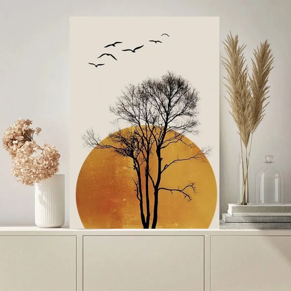 No-EN-Name-Null Modern Art Unframed Abstract Beige Background Winter Black Trees-Orange Suns-Black Birds Minimalist Rectangle Shaped Prints/Colors-Black/Beige/Yellow/Green/Blue/White/Orange/Multicolor/Geometric/Floral