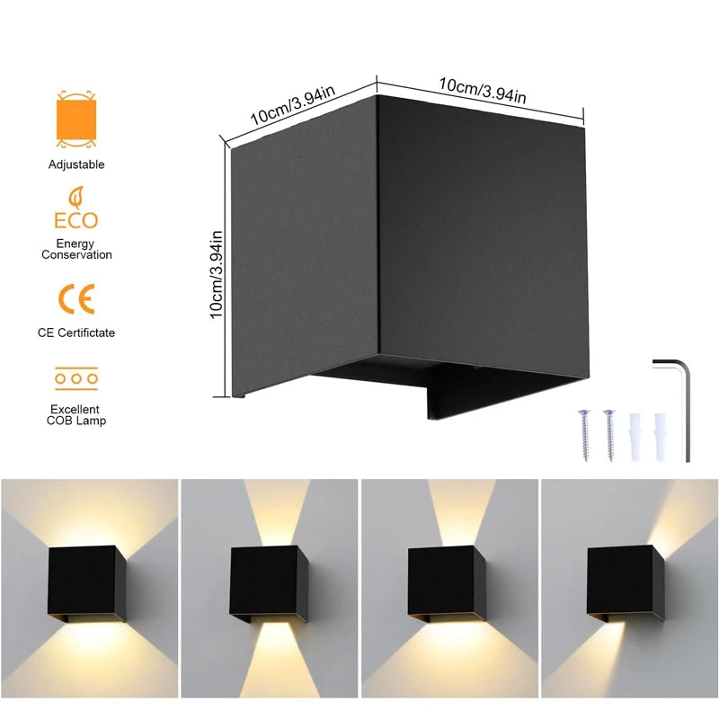 ERTIMELED Modern Outdoor-Indoor Waterproof Black Square Aluminum Metal Box Shaped Tempered Glass Adjustable Warm-Cool White LED Lights Up-Down Wall Light Fixtures /Bulbs Included