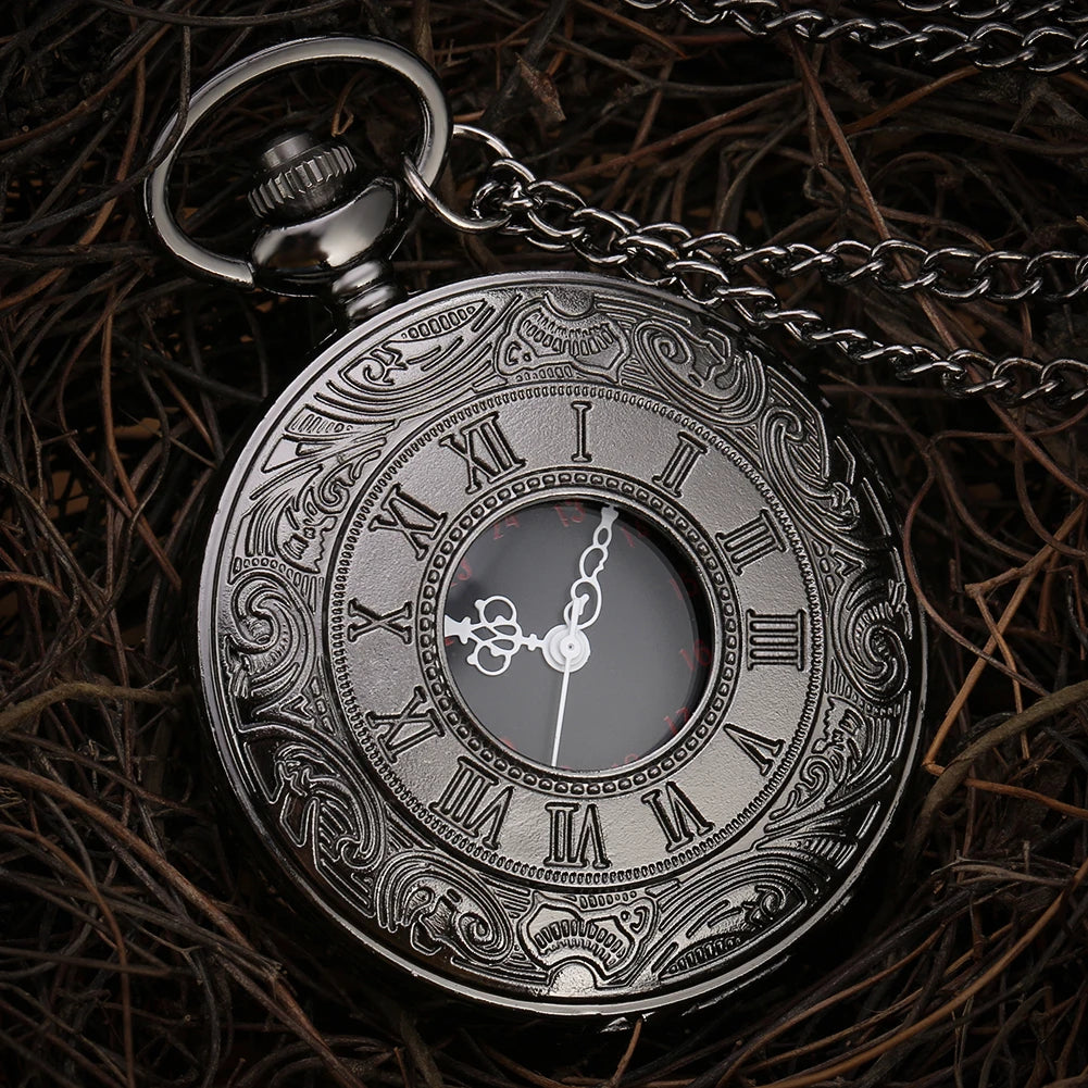 YISUYA Adults Men Antique Quartz Acrylic Face Round Shaped Metal Alloy Case Black Roman Numeral Steampunk Black Necklace Chain-Pocket Watches /Colors-Black/Gold/Silver/Bronze