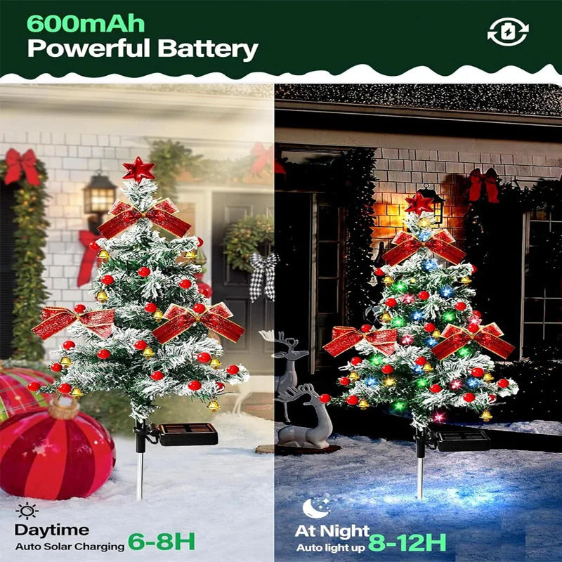 2 PCS Outdoor Solar-Powered Plastic-Polyester Body Decorative Red-Green Floral Christmas Trees Shaped Warm White LED Waterproof Pathway Holiday Ornaments Lights/Colors-Green/Red/Floral/Multicolor/Bulbs Included
