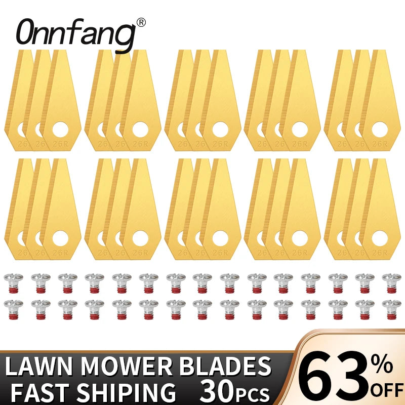 ONNFANG 9 PCS Pack Tool Replacement Petrol-Gas Power Lawn Mower Wear-Resistant Anti-Rust Silver-Gold Coated Titanium-Plated Steel Robot Lawn Mower Blades
