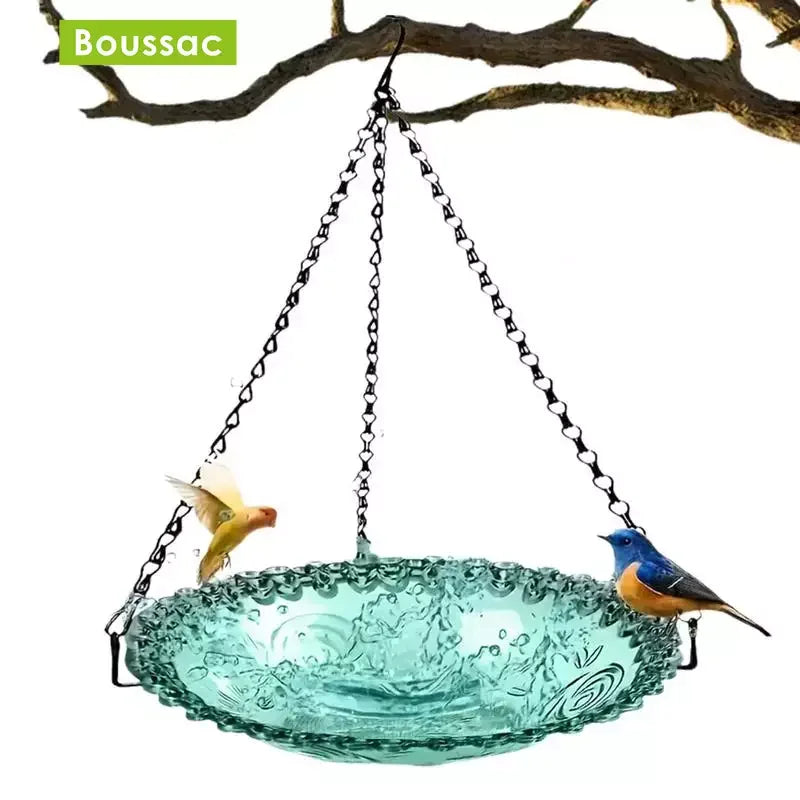 No-EN-Name-Null Outdoor Garden Hanging Black Chains Blue-Green Plastic Floral Design Bowl Bird Feeders/ Or Bird Baths