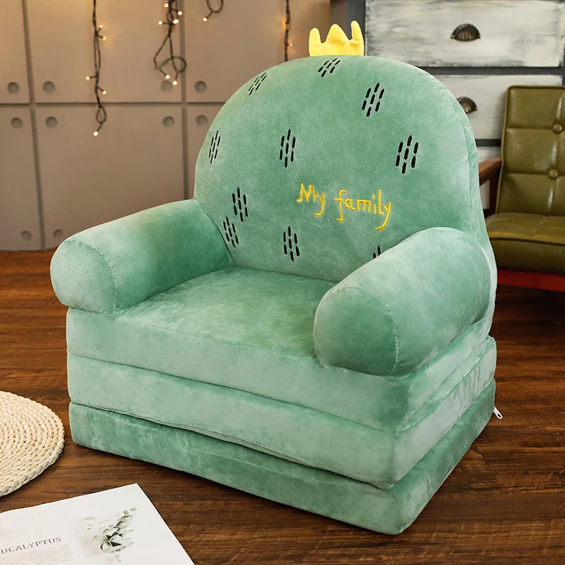 MDNG Modern Kids Customized Upholstered Padding Cute Soft Gray Velvet Fabric Cartoon Animal Faces Folding-Out Play Arm Chairs/Sponge Filling/Colors-Green/Pink/Yellow/Gray/Animals