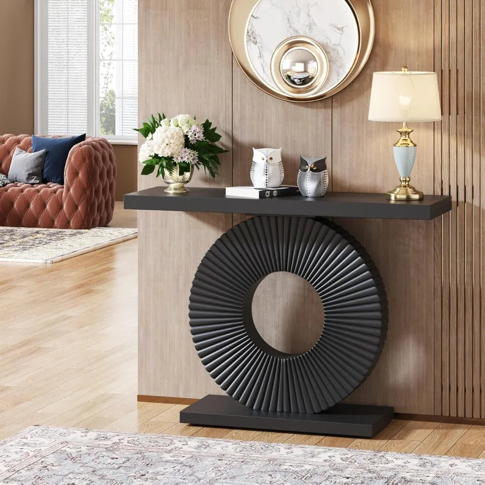 TONGYUE Modern Black Thick Wood Top Narrow Long Entryway Geometric Round Flower Face Shaped Base Curved Lines Accents Console Tables/Colors-Black/White/Gray
