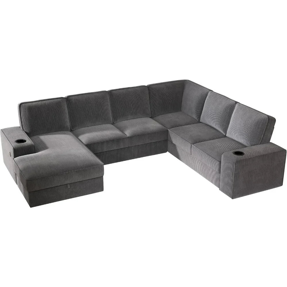 No-EN-Name-Null Modern Oversized U-Shaped 7 Seaters Soft Gray Corduroy Thick Fabric Cushions Chaise Lounge Hidden Storage Two Cup Holders Quick Charge USB Ports Sectional Sofas/Colors-Beige/Gray/Size: 112in x 88in x 33in/Weight Capacity : 2,100 lbs.