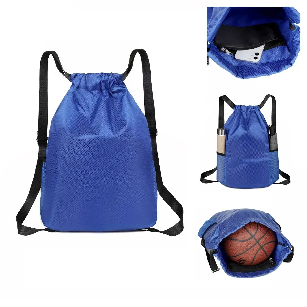 FANAN Outdoor Softback Blue Oxford Fabric Large Lightweight Polyester Lining Single Compartment Black Shoulder Straps-Handle External Double-Sided Pockets Single-Double Sports Drawstring Backpacks /Colors-Black/Blue/Yellow/Orange/Red
