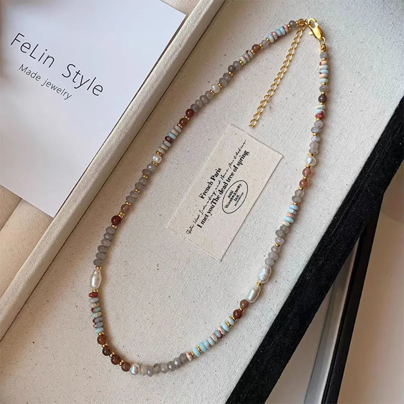 YERIK Adult Women Fine Imitation Stainless Steel Handmade White Pearls-Multicolor Beaded Necklace-Bracelet Jewelry Sets