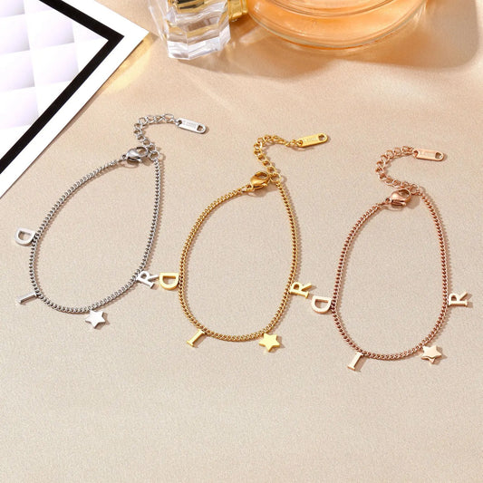 Unisex Korea Imitation Stainless Steel Link Chain Star-Letter Alphabet Charm Bracelets/Colors-Gold/Rose Gold/Silver