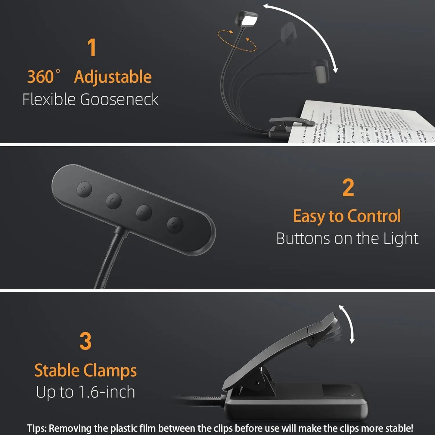 No-EN-Name-Null Modern Black Plastic Long Rectangle Head Adjustable Flexible Gooseneck Three Color Modes Warm-Cool-Daylight LED Light USB Rechargeable Cable Portable Battery Powered Easy Clamp-On Book Reading Lamps