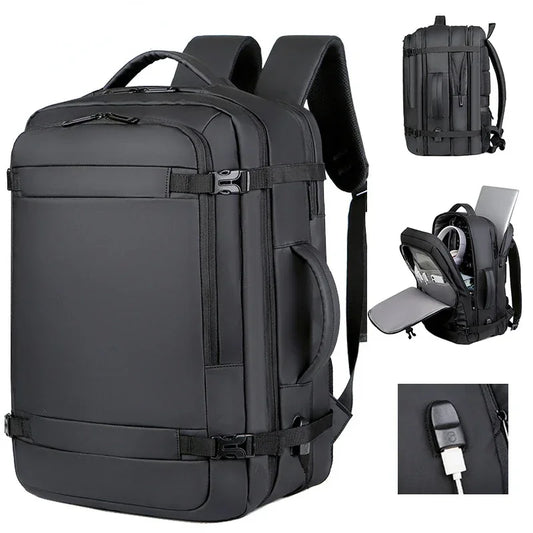 Adults Waterproof-Wear Resistant Black-Gray Oxford Fabric Interior-External Pockets Padding Inside Six Double Zippers USB Charging Port 17 Inch Laptop Compartment Shoulder Straps-Handle Polyester Lining Keychain Holder Laptop Backpacks