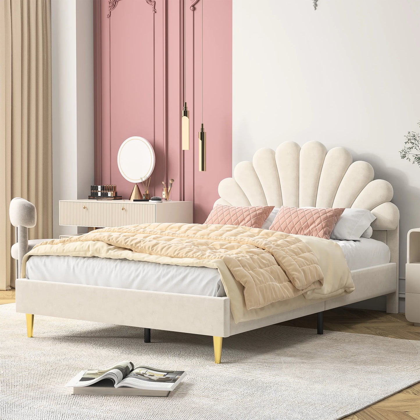 No-EN-Name-Null  Modern Upholstery Padded Flower Shaped Soft Velvet Headboard Platform Bed FRAMES / WITHOUT MATTRESS-DRAWER/ Headboard-Slats/Dimensions: 206cm L x 100cm W x 110.5cm H /Colors-Beige/Burgundy/Pink/ Load Capacity: 440.925 LBS