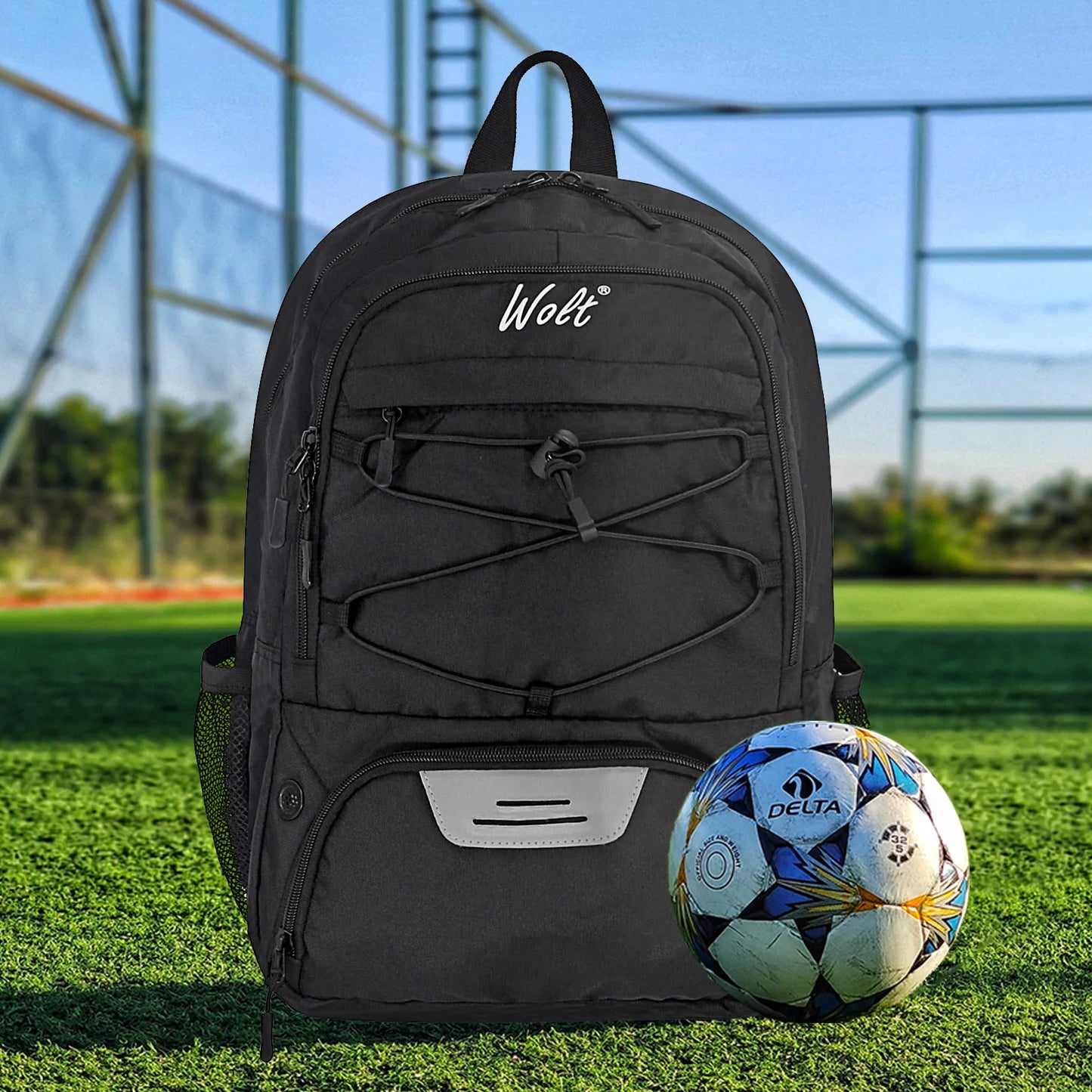 WOLT Young Adults Large Softback Black Polyester Fabric Shoulder Straps-Handle Built-In 16 Inch Padded Laptop Compartment Zipper Front External Pockets Sports Soccer School Backpacks/Colors-Black/Gray/Red/Pink/Blue