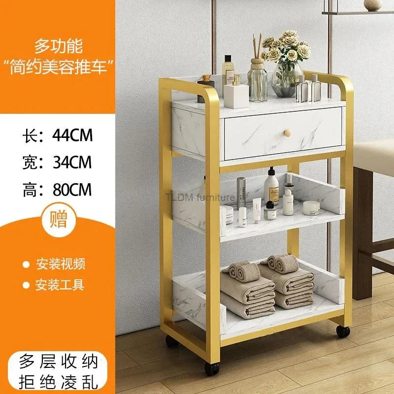 DUTRIEUX Modern White One-Storage Cabinet-Lockers Gold Iron Metal Frame Two Sliding Doors Four Black Plastic Wheel Trolley Carts/Colors-Gold/Brown/Black/White