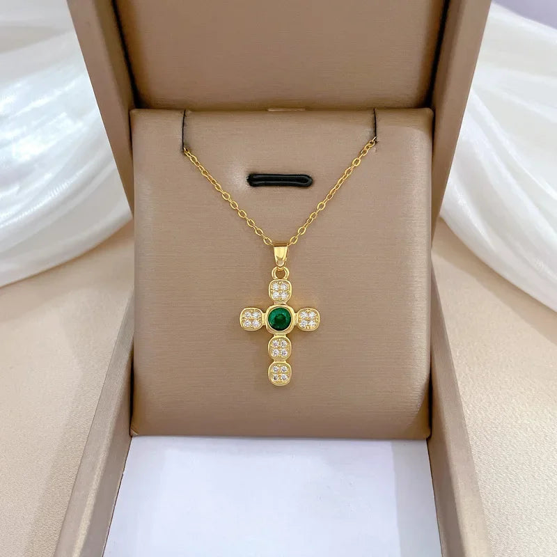 No-EN-Name-Null Women Fine Imitation Stainless Steel Gold-Plated Metal Cubic Zirconia All-Crystal Clear White Shiny Diamond Accents Stones Cross Pendant Necklaces/Colors-Brown/Clear/Green/Gold/Pink