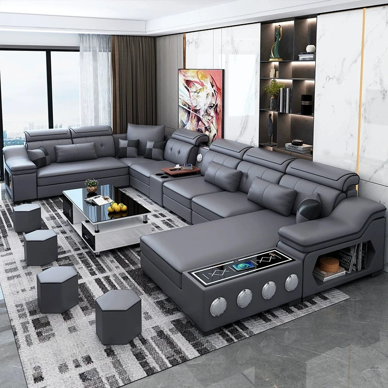 MANBAS Modern Gray U-Shape Corner Medium Firm Soft Comfortable Fabric Sectional Sofa Sets/ Chaise Lounge/ Bluetooth Speakers/ USB Charging Ports/4 Stools/Colors-Blue/Dark Blue/Dark Gray/Light Gray/Off White/Beige/NO Table