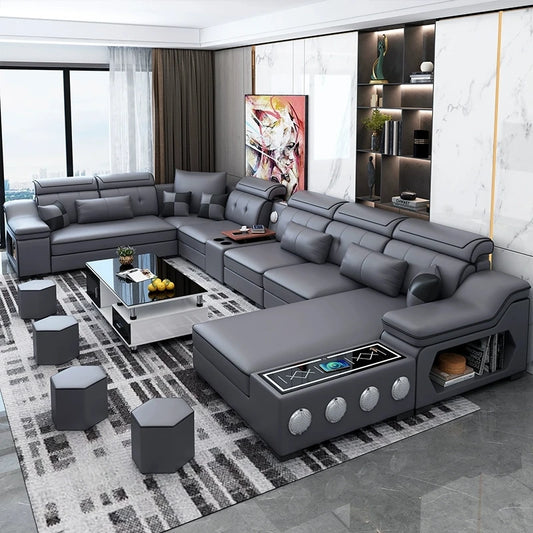 MANBAS Modern Gray U-Shape Corner Medium Firm Soft Comfortable Fabric Sectional Sofa Sets/ Chaise Lounge/ Bluetooth Speakers/ USB Charging Ports/4 Stools/Colors-Blue/Dark Blue/Dark Gray/Light Gray/Off White/Beige/NO Table